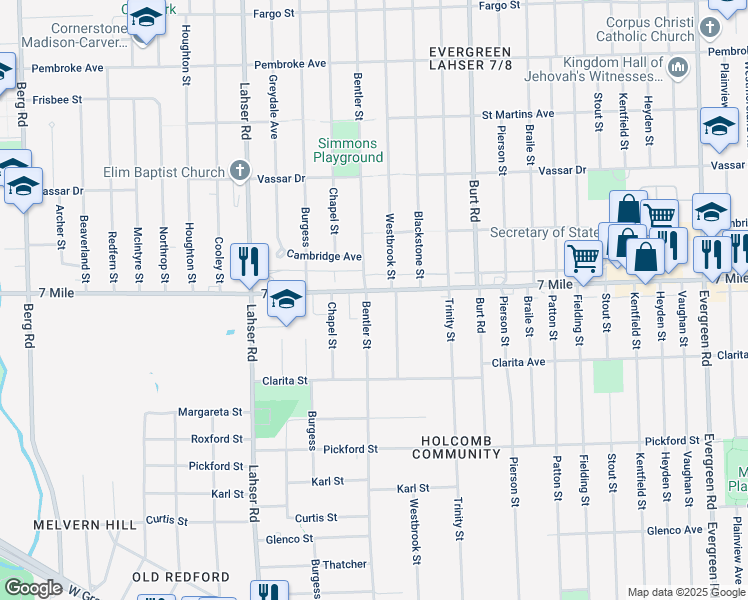 map of restaurants, bars, coffee shops, grocery stores, and more near 21355 West Seven Mile Road in Detroit