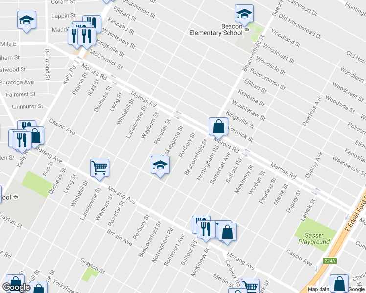 map of restaurants, bars, coffee shops, grocery stores, and more near 11881 Roxbury St in Detroit