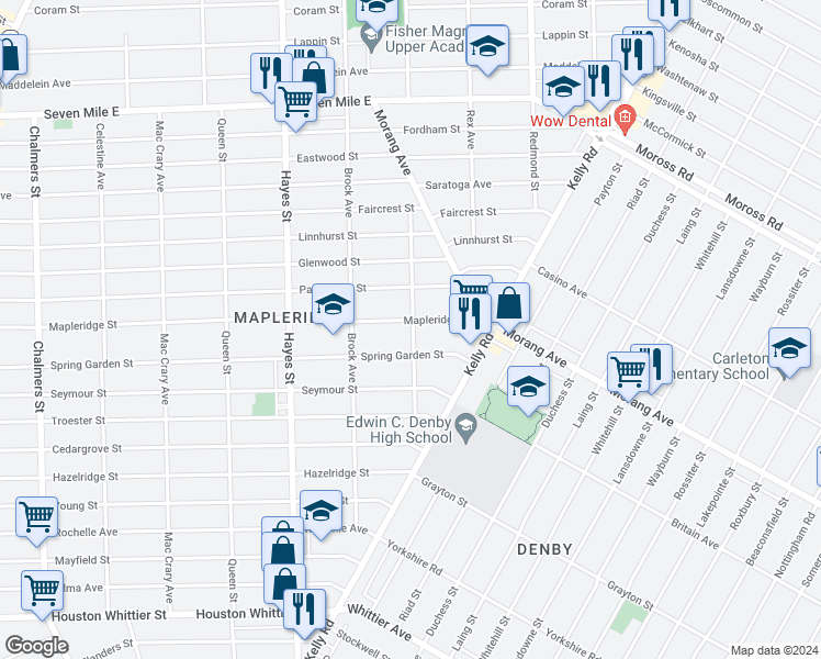 map of restaurants, bars, coffee shops, grocery stores, and more near 15510 Mapleridge Street in Detroit