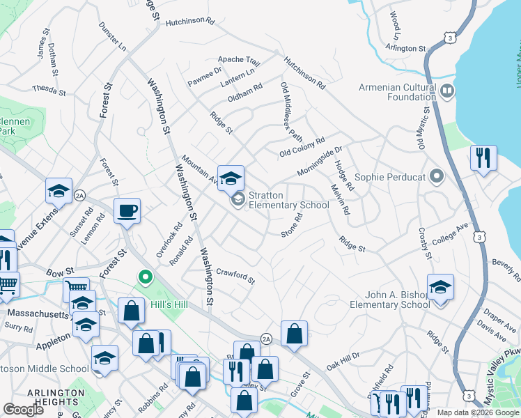 map of restaurants, bars, coffee shops, grocery stores, and more near 157 Mountain Avenue in Arlington