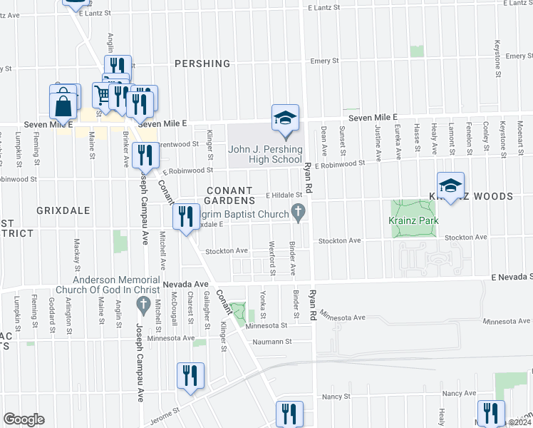 map of restaurants, bars, coffee shops, grocery stores, and more near 18523 Wexford Street in Detroit