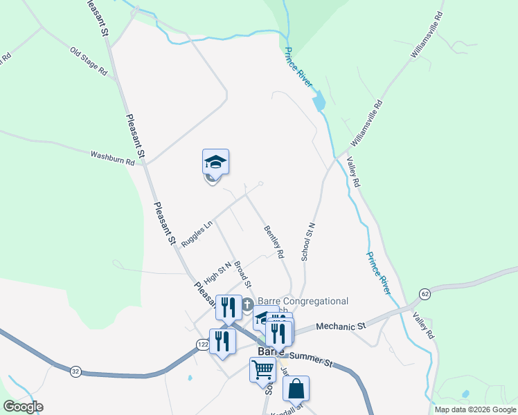 map of restaurants, bars, coffee shops, grocery stores, and more near 160 Bentley Road in Barre