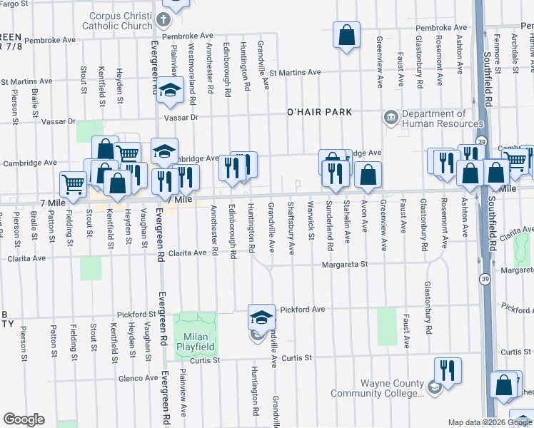 map of restaurants, bars, coffee shops, grocery stores, and more near 18762 Grandville Avenue in Detroit