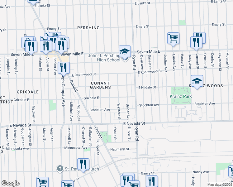map of restaurants, bars, coffee shops, grocery stores, and more near 18523 Wexford Avenue in Detroit