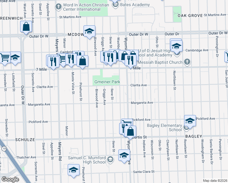 map of restaurants, bars, coffee shops, grocery stores, and more near 18680 Ilene Street in Detroit