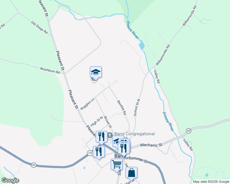 map of restaurants, bars, coffee shops, grocery stores, and more near 160 Bentley Road in Barre