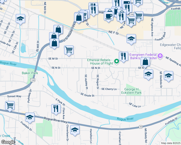 map of restaurants, bars, coffee shops, grocery stores, and more near 1014 Southeast Fern Street in Grants Pass
