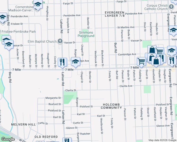 map of restaurants, bars, coffee shops, grocery stores, and more near 21401 West Seven Mile Road in Detroit