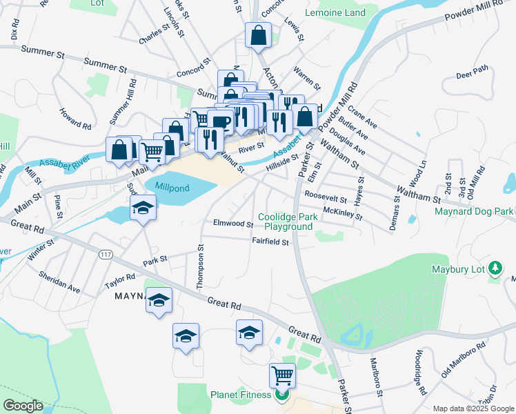 map of restaurants, bars, coffee shops, grocery stores, and more near 8 Chandler Street in Maynard