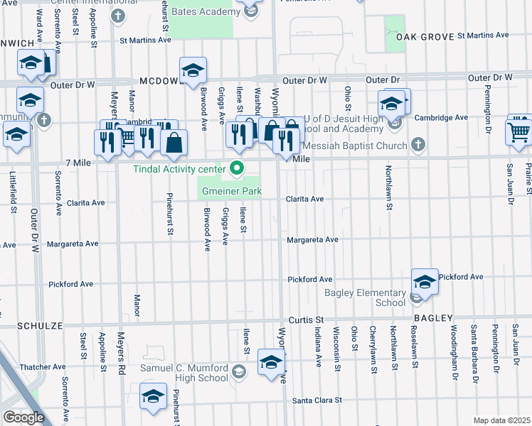 map of restaurants, bars, coffee shops, grocery stores, and more near 18680 Washburn Street in Detroit