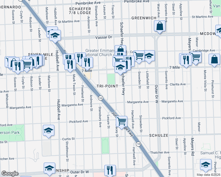 map of restaurants, bars, coffee shops, grocery stores, and more near 18716 Lesure Street in Detroit