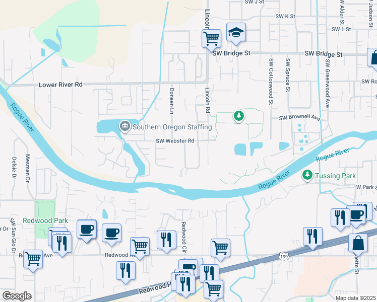 map of restaurants, bars, coffee shops, grocery stores, and more near 1267 Southwest Ironwood Drive in Grants Pass