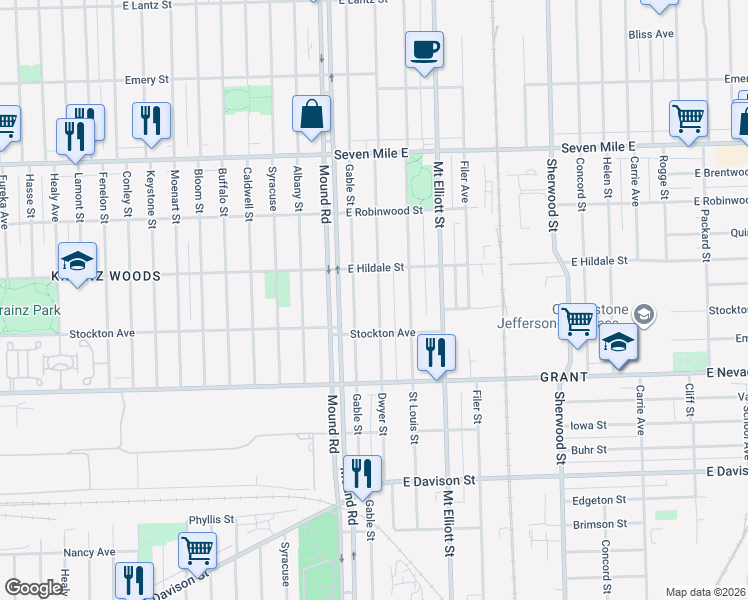map of restaurants, bars, coffee shops, grocery stores, and more near 18471 Dwyer Street in Detroit