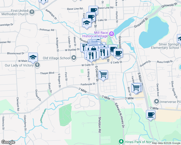 map of restaurants, bars, coffee shops, grocery stores, and more near 237 South Wing Street in Northville