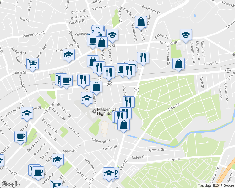 map of restaurants, bars, coffee shops, grocery stores, and more near 39 Marlboro Street in Malden