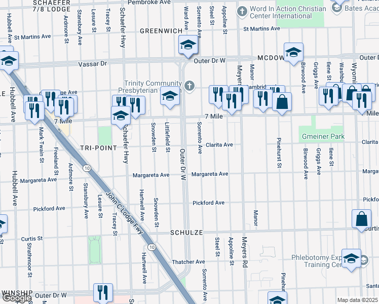 map of restaurants, bars, coffee shops, grocery stores, and more near 5111 Outer Drive West in Detroit
