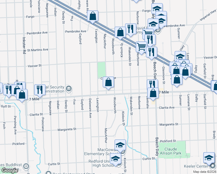 map of restaurants, bars, coffee shops, grocery stores, and more near 19158 MacArthur in Redford Charter Township