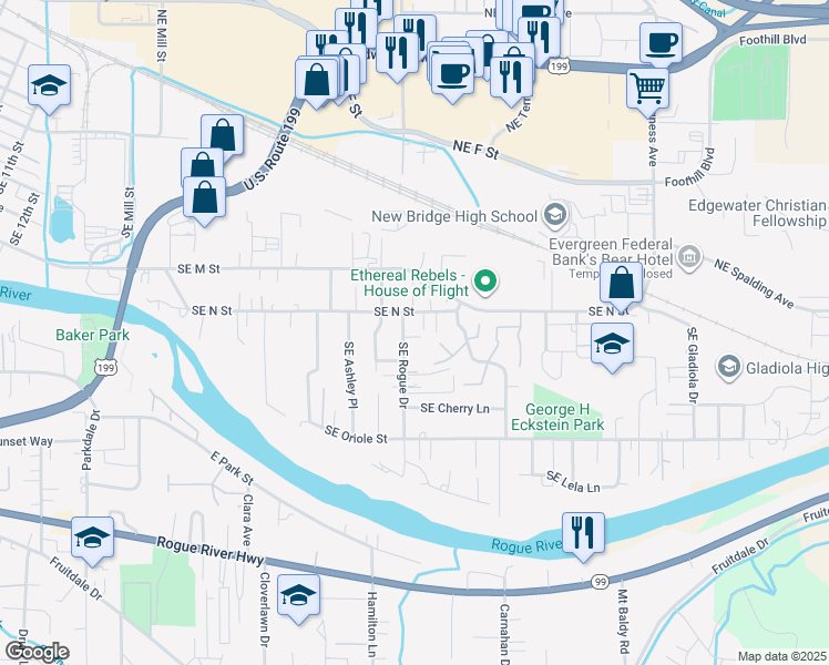 map of restaurants, bars, coffee shops, grocery stores, and more near 1011 SE Rogue Dr in Grants Pass