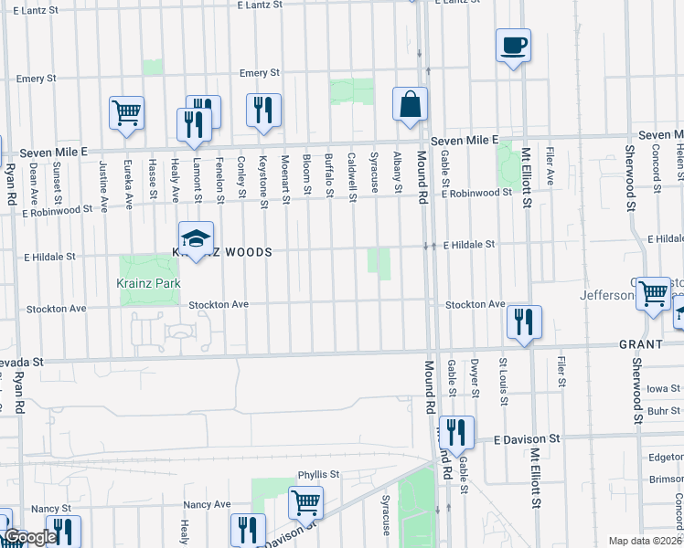 map of restaurants, bars, coffee shops, grocery stores, and more near 18466 Buffalo Street in Detroit