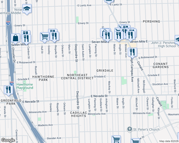map of restaurants, bars, coffee shops, grocery stores, and more near 18547 Lumpkin Street in Detroit