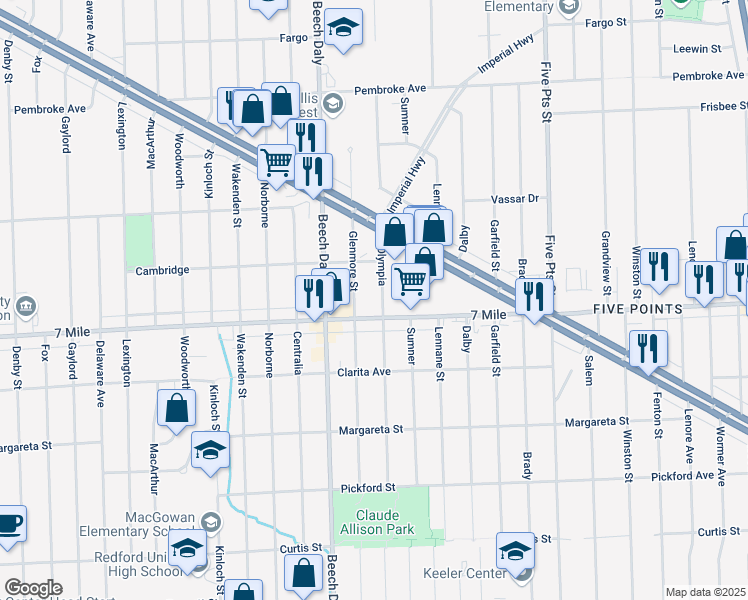 map of restaurants, bars, coffee shops, grocery stores, and more near 19149 Olympia in Redford Charter Township