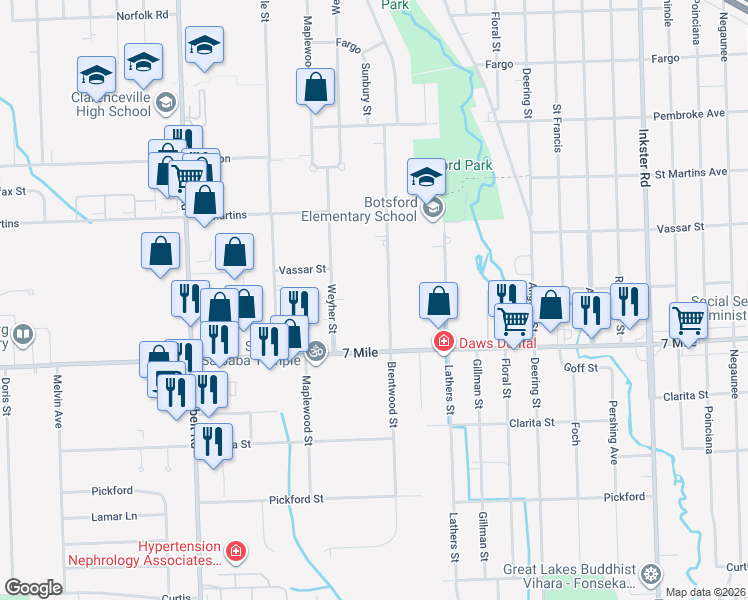 map of restaurants, bars, coffee shops, grocery stores, and more near 19325 Brentwood Street in Livonia
