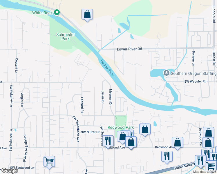 map of restaurants, bars, coffee shops, grocery stores, and more near 960 Mesman Drive in Grants Pass