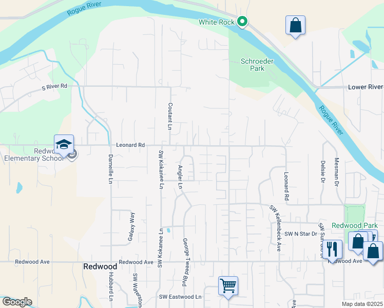 map of restaurants, bars, coffee shops, grocery stores, and more near 1019 Rainwood Lane in Grants Pass