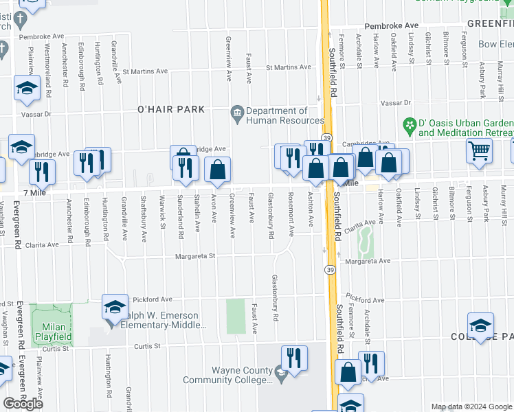 map of restaurants, bars, coffee shops, grocery stores, and more near 18752 Faust Avenue in Detroit