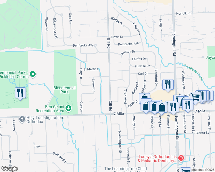 map of restaurants, bars, coffee shops, grocery stores, and more near 19459 Gill Road in Livonia