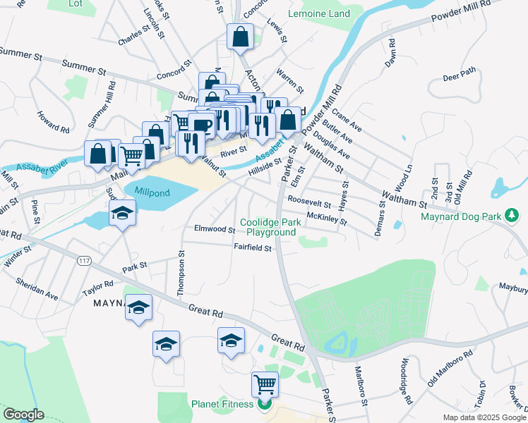map of restaurants, bars, coffee shops, grocery stores, and more near 2 School St in Maynard
