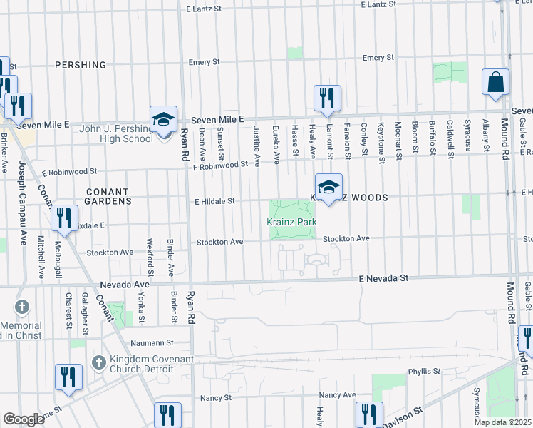 map of restaurants, bars, coffee shops, grocery stores, and more near 18480 Justine Street in Detroit