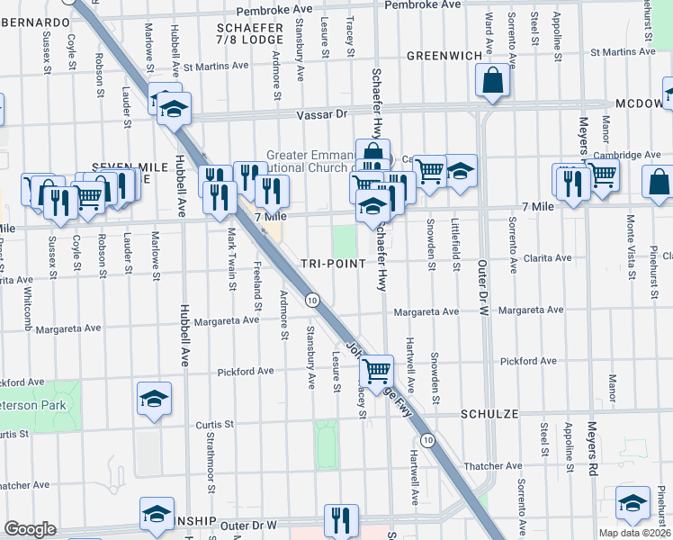 map of restaurants, bars, coffee shops, grocery stores, and more near 18716 Lesure Street in Detroit