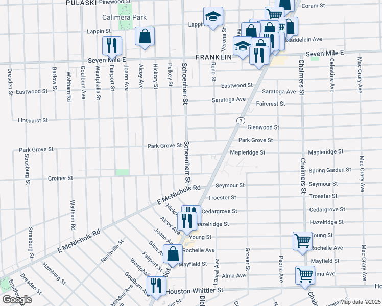 map of restaurants, bars, coffee shops, grocery stores, and more near 13613 Mapleridge Street in Detroit