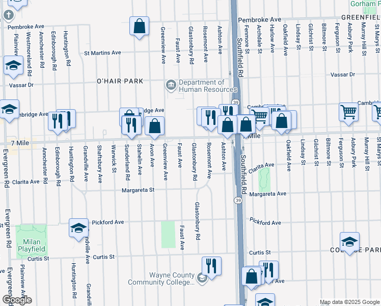 map of restaurants, bars, coffee shops, grocery stores, and more near 18753 Glastonbury Road in Detroit