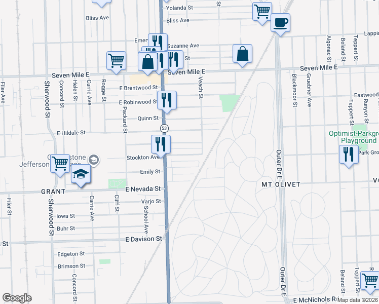 map of restaurants, bars, coffee shops, grocery stores, and more near 8097 Stockton Street in Detroit