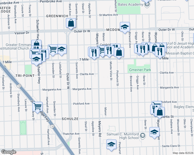 map of restaurants, bars, coffee shops, grocery stores, and more near 18691 Meyers Road in Detroit