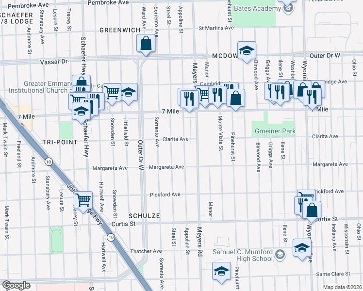map of restaurants, bars, coffee shops, grocery stores, and more near 18695 Appoline Street in Detroit