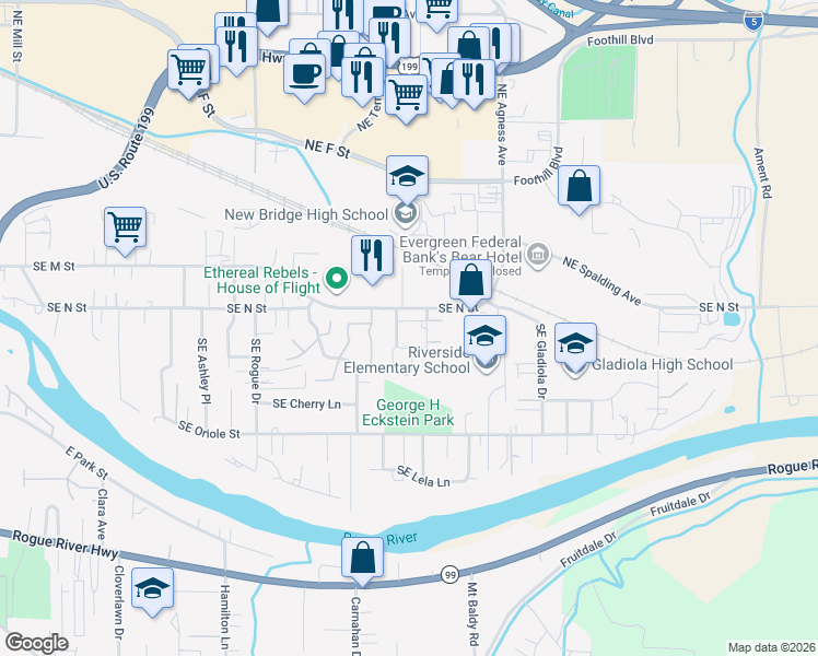 map of restaurants, bars, coffee shops, grocery stores, and more near 1713 Southeast Softwood Way in Grants Pass