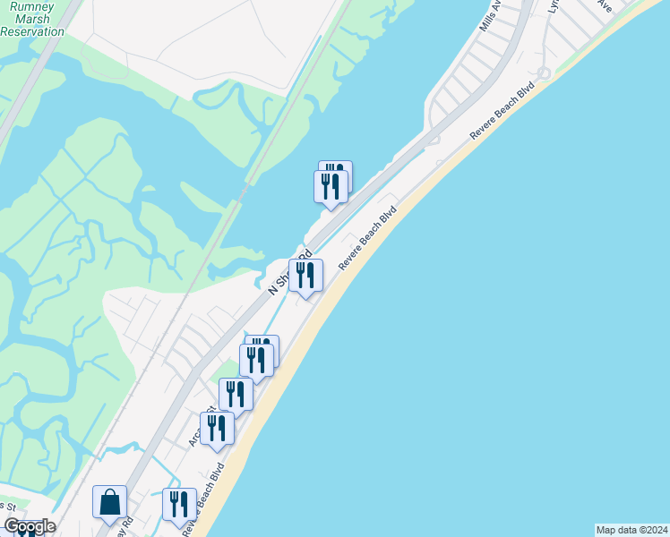map of restaurants, bars, coffee shops, grocery stores, and more near 510 Revere Beach Boulevard in Revere