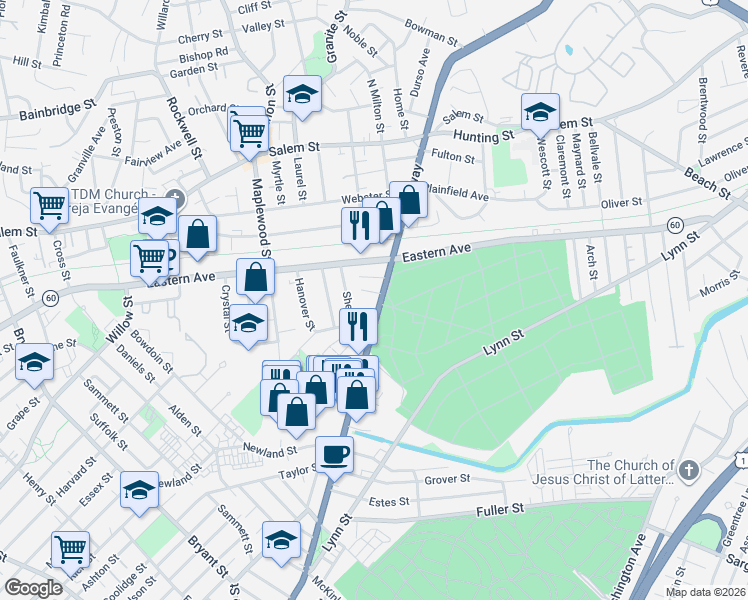 map of restaurants, bars, coffee shops, grocery stores, and more near 16 Byron Street in Malden