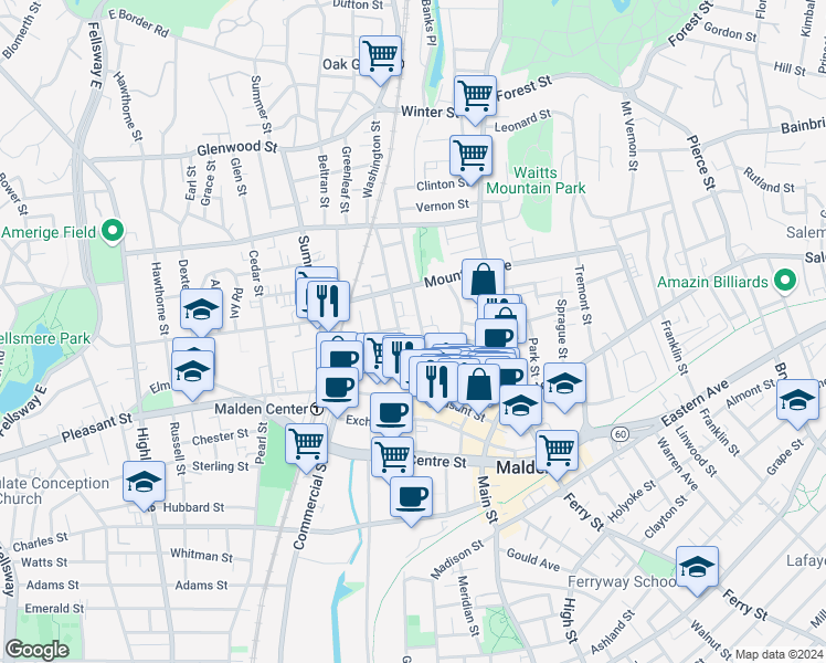 map of restaurants, bars, coffee shops, grocery stores, and more near 57 Linden Avenue in Malden