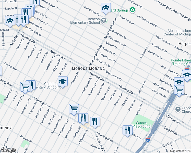 map of restaurants, bars, coffee shops, grocery stores, and more near 19803 Moross Road in Detroit