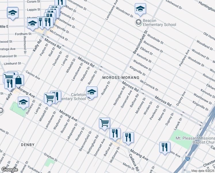 map of restaurants, bars, coffee shops, grocery stores, and more near 11881 Roxbury Street in Detroit