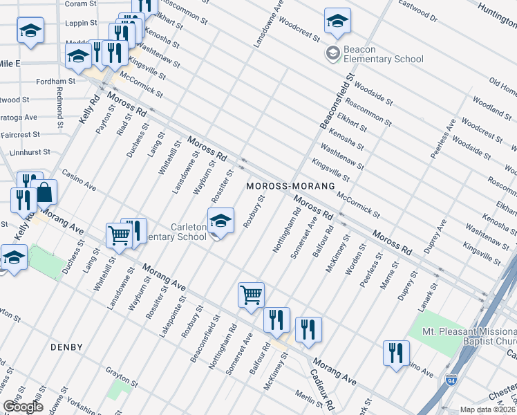 map of restaurants, bars, coffee shops, grocery stores, and more near 11881 Roxbury Street in Detroit