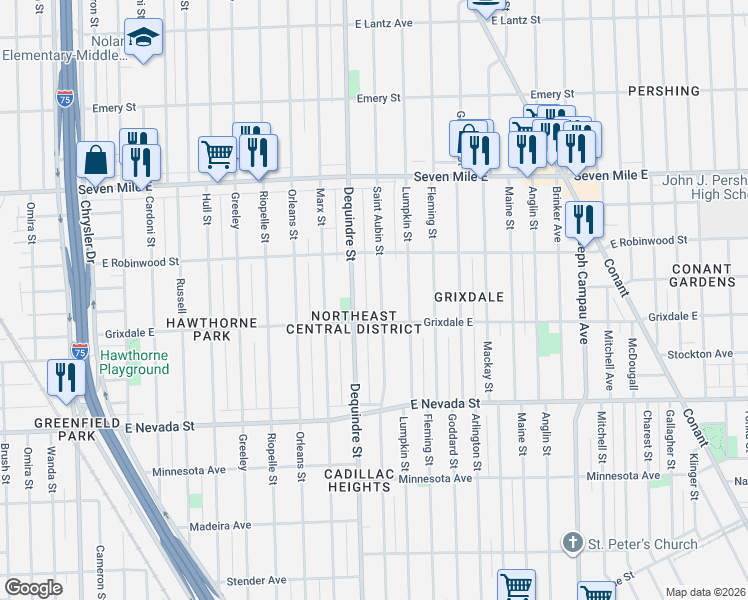 map of restaurants, bars, coffee shops, grocery stores, and more near 18541 Saint Aubin Street in Detroit