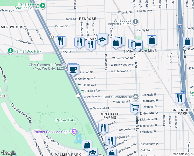 map of restaurants, bars, coffee shops, grocery stores, and more near 494 West Goldengate Street in Detroit