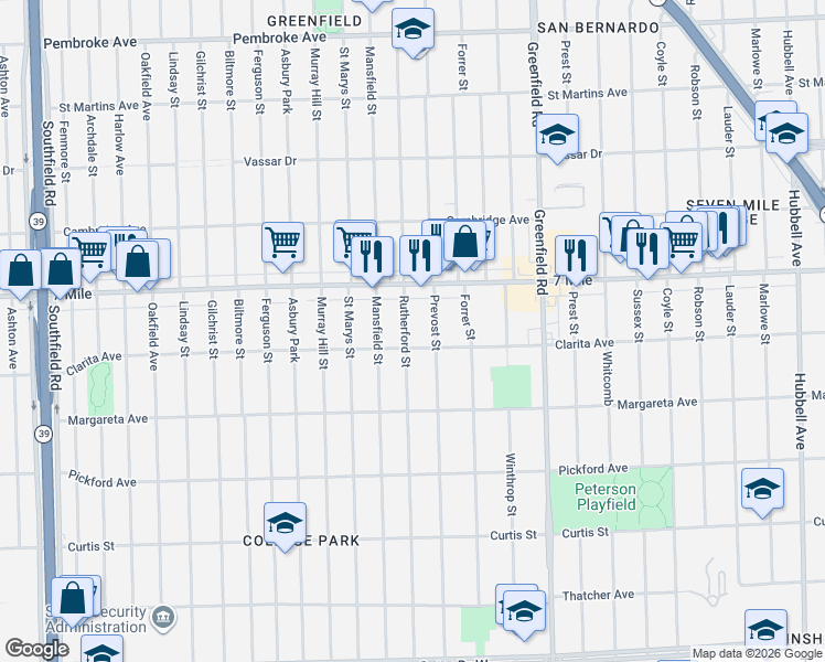 map of restaurants, bars, coffee shops, grocery stores, and more near 18934 Rutherford Street in Detroit