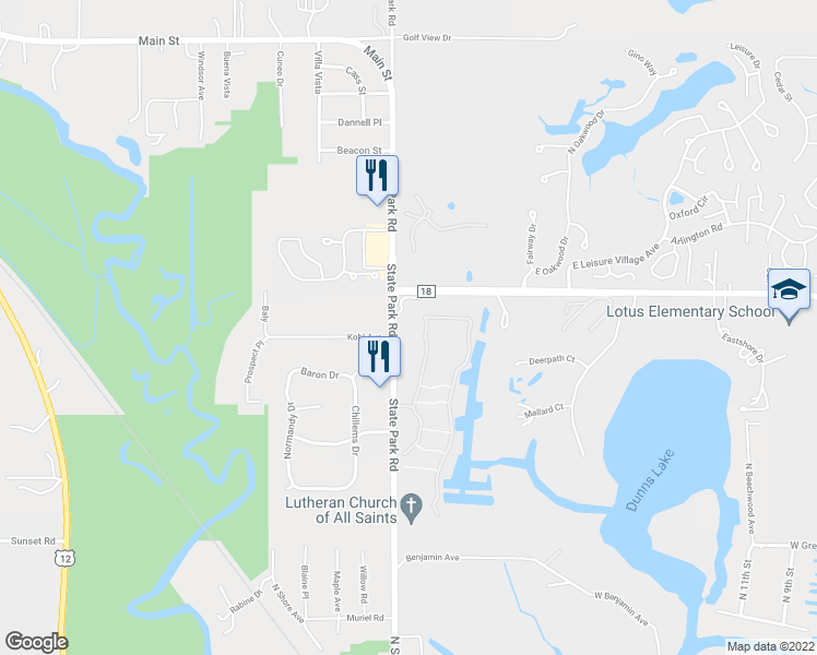 map of restaurants, bars, coffee shops, grocery stores, and more near 6900 State Park Road in Fox Lake