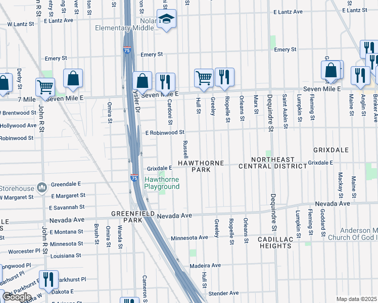 map of restaurants, bars, coffee shops, grocery stores, and more near 18566 Russell in Highland Park